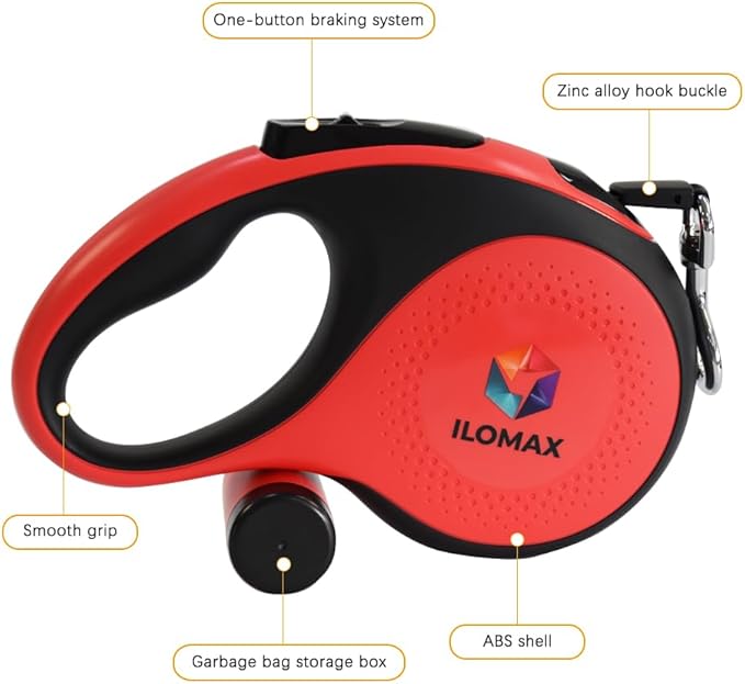 ILOMAX 360° Tangle-Free Retractable Dog Leash Built-in Waste Bag Dispenser Under Handle 2 Rolls Poop Bags Included Heavy Duty Tape Leash for Dogs up to 50kg Carry Pouch Included.26ft (Red, XL)