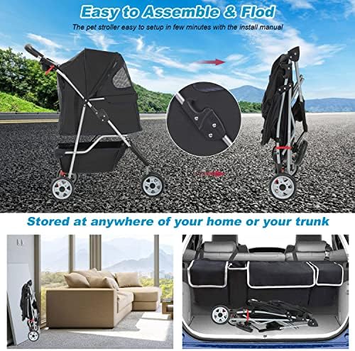 BestPet | 3-Wheel Foldable Pet Stroller | Black | Lightweight & Portable - Image 3