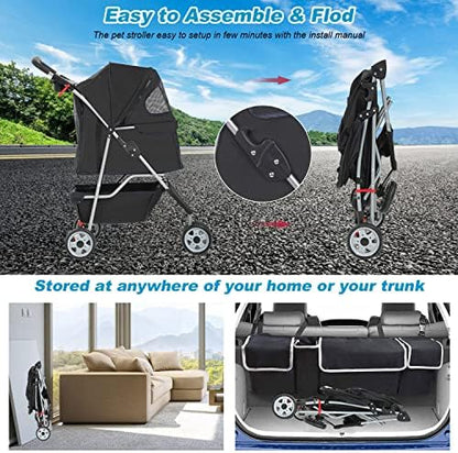 BestPet | 3-Wheel Foldable Pet Stroller | Black | Lightweight & Portable - Image 3
