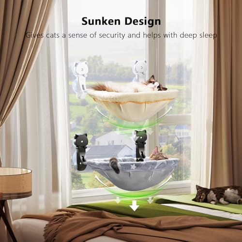 JUNSPOW Cat Window Perch Cordless, Glow in The Dark & Stable Cat Beds- Breathable Window Hammock for Overlooking, Sunbathing and Climbing - Maximum Hold Up to 40lb(Grey+Cream) - Image 3