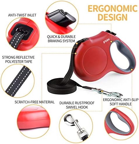 Fida Retractable Dog Leash with Dispenser and Poop Bags, 16 ft, Red - Image 3