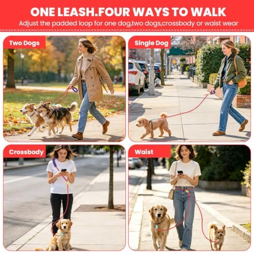 Double Dog Leash, Hands Free Dog Leash Set w/Sponge Handle, Adjustable 4.9-9.8ft for Walking Jogging Running Training, Multifunctional Handheld Crossbody Waist for Small Medium Dogs - Image 2