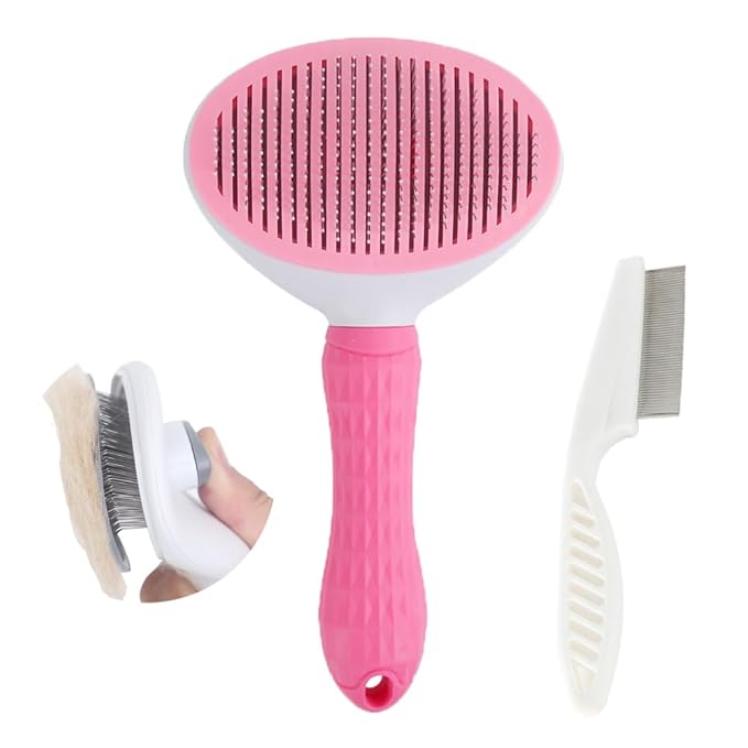 Cat Brush with Release Button, universal for cats and dogs, one click release, brush and flea comb combination set，Pet Hair Comb Tear Stay Removal, knotted skin floating hair tangled fleas (Pink)