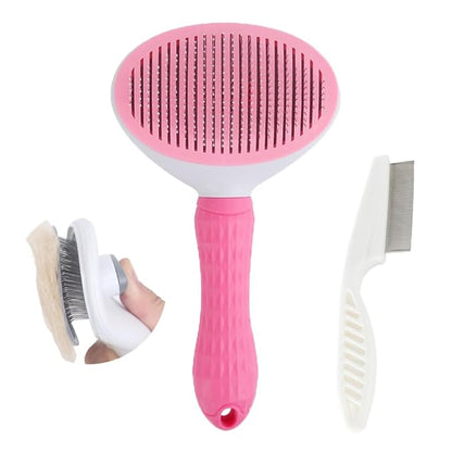 Cat Brush with Release Button, universal for cats and dogs, one click release, brush and flea comb combination set，Pet Hair Comb Tear Stay Removal, knotted skin floating hair tangled fleas (Pink)