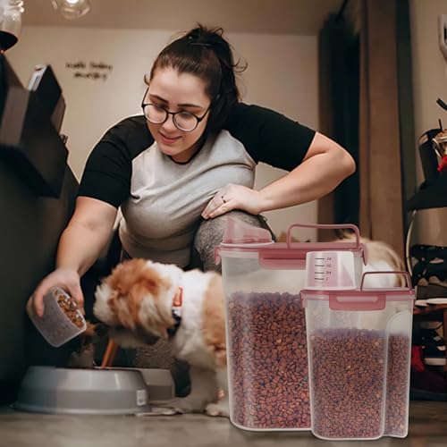 LEAWALK 2Pack Cat Dog Food Storage Container Upgraded Large Nozzle BPA-free, 3+5lbs Plastic Pet Food Containers, With 4 Sealed Clasps/1 Measuring Cup/Handle Easy Clean and Carry (Clear Pink) - Image 7