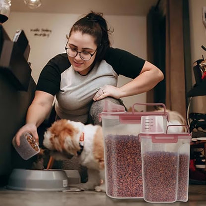 LEAWALK 2Pack Cat Dog Food Storage Container Upgraded Large Nozzle BPA-free, 3+5lbs Plastic Pet Food Containers, With 4 Sealed Clasps/1 Measuring Cup/Handle Easy Clean and Carry (Clear Pink) - Image 7