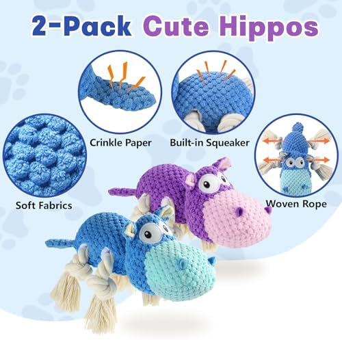 TOOPTATE 2-Pack Squeaky Hippo Dog Toys, Blue & Purple, Medium - Image 2