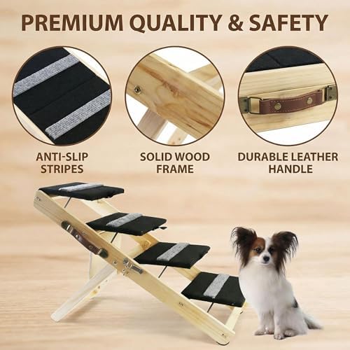 2-in-1 Indoor Pet Ramp, Wooden Folding 4-Tier Pet Stairs with Non-Slip Carpeted Steps, Ramp Perfect for Bed and Couch, 12.5" to 22.5" Height Adjustable (31.5x15) - Image 4