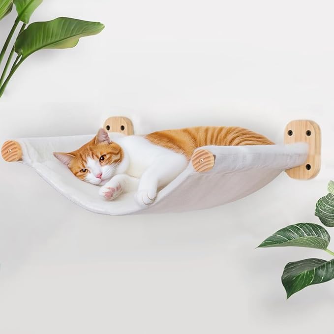 Cat Wall Hammock, Dual-Sided Cat Wall Bed with Canvas & Plush Fabric for All Seasons, Wall Mounted Shelf for Large Cats, Modern Perches for Lounging & Napping