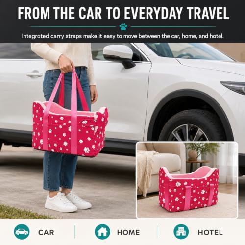 Center Console Dog Car Seat for Small Dogs Under 15 lbs - Detachable Washable Carrier with Safety Belt & Storage Pockets, Pink - Image 3