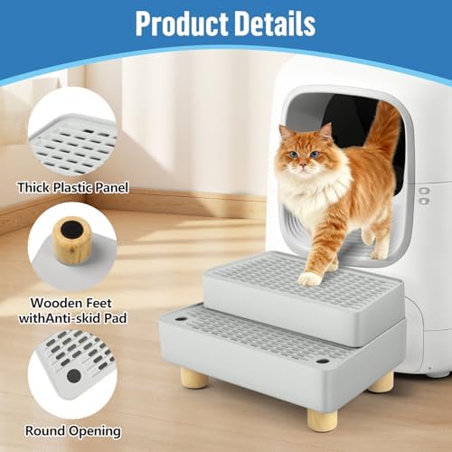 Extra Large 2 Steps Cat Litter Box Step Ramp, Cat Litter Catcher Mat with Wooden Feet, Filter Function, Cat's Pedal Stool for Self-Cleaning Litter, Suitable Kitten & Elderly Cats (Light Grey) - Image 4