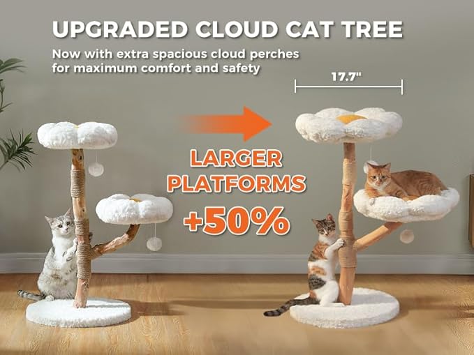 Wood Flower Cat Tree, Modern Cat Tower with Real Wood Branches, Luxury Boho Furniture with Scratching Post and 2 Perches, Cat Climbing Tower for Indoor Cats, Cloud White