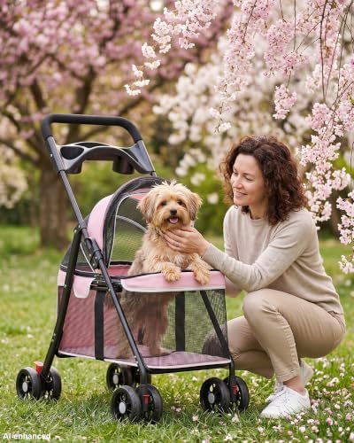 GTPLAYER Foldable Pet Stroller for Small Dogs and Cats, Holds Up to 33 lb, 4 Wheel, Full Mesh Ultra Breathable, Safety Tethers, Cup Holder & Poop Bags Included, Pink - Image 3