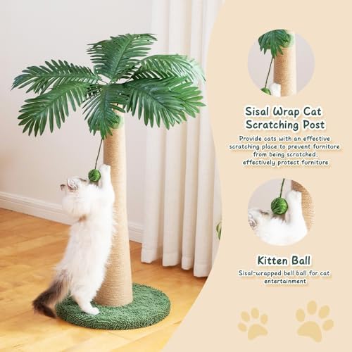 43.3inch Palm Tree Shape Style Sisal Cat Tree Scratching Post Cats, Wear Resistant Cat Claw Scratcher with Plush Stable Base & Hanging Toy Ball, Green - Image 3