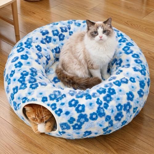 Meowfia Indoor Cat Tunnel with Donut Bed - Large Flexible Play Space for Multiple Pets - Circle or Snake Shape, Cozy Lounge (Blue Blossom) by MEOWFIA