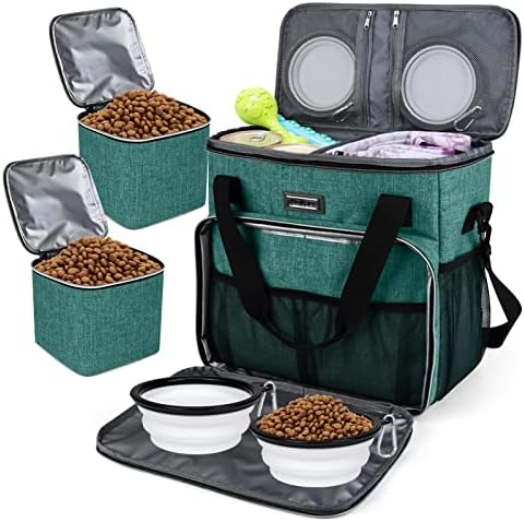 BAGLHER Pet Travel Set Airline-Approved Carrier for Small/Medium Cats & Dogs + Travel Bag with Food Containers & Silicone Bowls, Grey & Green by BAGLHER