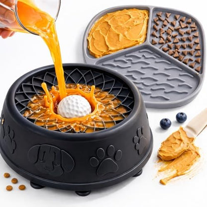 Slow Feeder Dog Bowls with Rolling Ball & Lick Mat for Dogs, Interactive Dog Enrichment Toy, Anti-Slip Puzzle Feeder for Yogurt, Bone Broth & Wet Food, Slow Eating Bowl for Small, Medium & Large Dogs by ALEENAENTERPRISESLLC