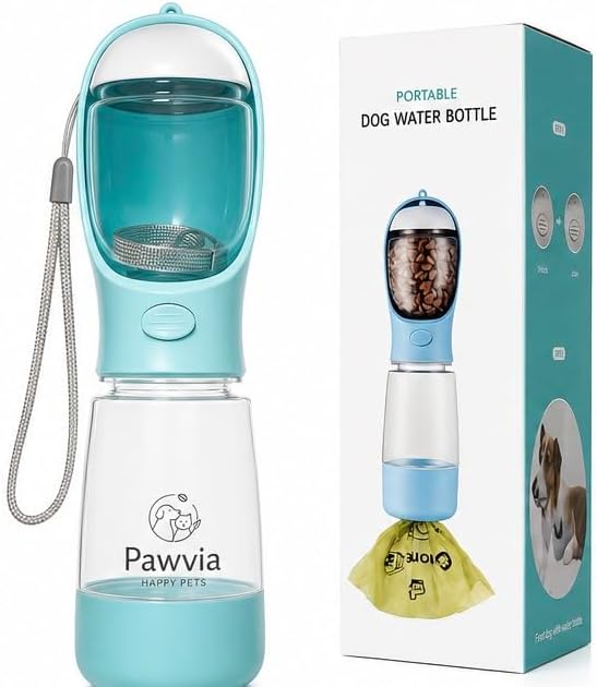 Portable Dog Water Bottle with Food Container, Leak-Proof Pet Travel Water Dispenser, One-Hand Operation, Built-in Filter, Portable Water Bowl for Dogs & Cats, Walking, Hiking & Travel by Unknown