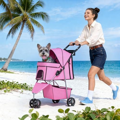 BestPet | 3-Wheel Pet Stroller | Pink | Foldable Dog and Cat Stroller - Image 2