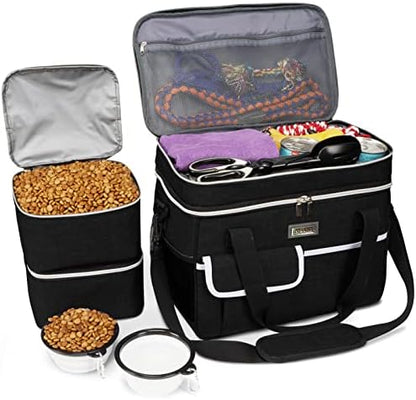 BAGLHER Dog Travel Bag for Supplies - Double-Layer Airline Approved Weekend Pet Travel Organizer Set for Dog and Cat Tote with 2 Pet Food Containers and 2 Collapsible Silicone Bowls Black by BAGLHER