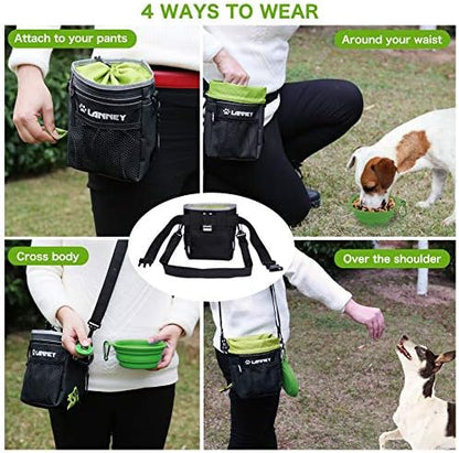 Dog Treat Pouch Pet Training Bag for Small to Large Dogs, Treat Tote Carry Kibble Snacks Toys for Training Reward Walking, Metal Clip, Waist belt, Shoulder Strap, Poop Bag Dispenser, Black with Green - Image 5