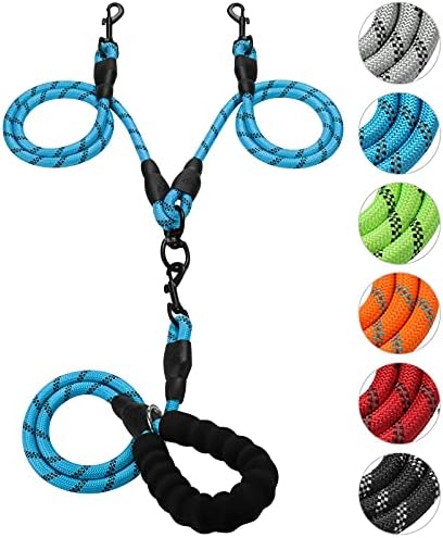 Double Dog Leash Reflective Detachable Coupler &360° Swivel Tangle Free,Heavy Duty Rope Leash Control with Padded Handle for Dual Large Medium Dogs Walking Running Training (Light Blue) by Gokotta