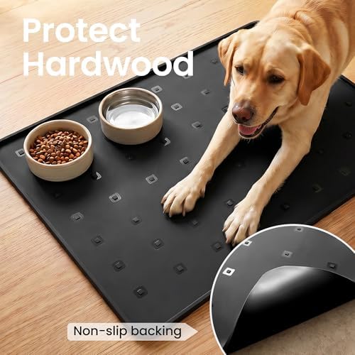 Silicone Pet Feeding Mat, 26x18 Inch Waterproof Dog Bowl Mat – Non-Slip, Machine Washable, Thin 0.23 Inch Edge for Messy Eaters, Protects Hardwood & Tile Floors, Black - Image 4