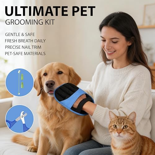 Premium 3-in-1 Pet Grooming Kit - Electrostatic Pet Hair Removal Glove with Safety Nail Scissors & Dual-Ended Toothbrush Set - Gentle Deshedding Mitt for Dogs, Cats & Furniture - All-in-One Care Pack - Image 5