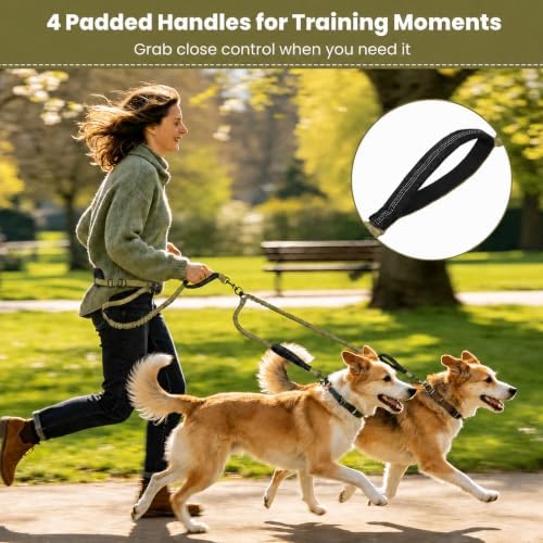 Hands Free Double Dog Leash, 4 Reflective Padded Handles, Adjustable Waist Belt 27-51", Shock-Absorbing Bungee, 360° Swivel Clips, for Small, Medium & Large Dogs, Walking Jogging Running - Image 4