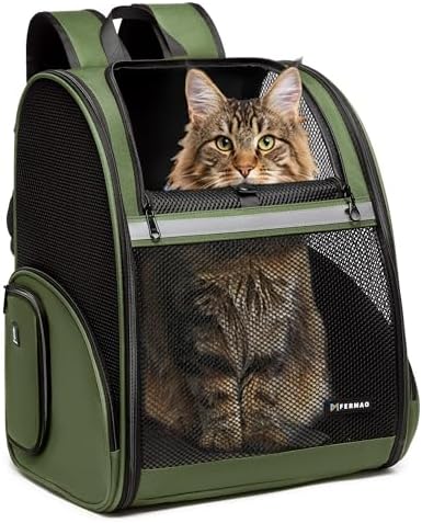 Pet Backpack Carrier, Large Cat Carrier Backpack Up to 20 Lbs with Breathable Mesh, for Medium Large Cats or Small Dogs, Travel Hiking Camping Backpack (DarkGreen-XL) by FERMAO