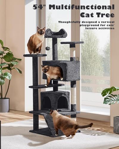 Yaheetech 54in Cat Tree Tower, 2 Caves, Kitten-Ear Perch & Scratching Posts - Image 2