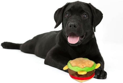Glow Pups Hamburger Dog Toy with Squeaker, Fun Food Parody Plush Toy, Easy to Clean, Promotes Mental Stimulation, 4.5 x 3.5 inches, Peach