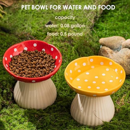 Mushroom Cat Bowl, Raised Ceramic Cat Food Dish for Whisker Fatigue, Forest Style Pet Water Bowl, Elevated Tilted Neck Protection Feeder for Indoor Cats & Small Dogs (Red & Yellow) - Image 3