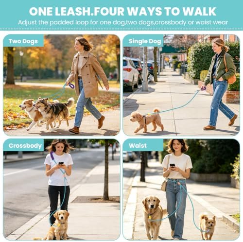 Double Dog Leash, Hands Free Dog Leash Set w/Sponge Handle, Adjustable 4.9-9.8ft for Walking Jogging Running Training, Multifunctional Handheld Crossbody Waist for Small Medium Dogs - Image 2