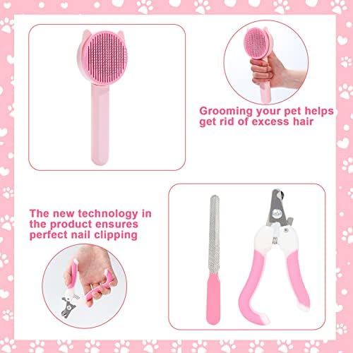 VCZONE 8 Pcs Cat Brush Grooming Kits, Pet Self Cleaning Kit with Pet Nail Clipper and File, Flea Comb, Pet Shampoo Bath Brush, Pet Shedding Brush, Silicone Toothbrush (Pink) - Image 5