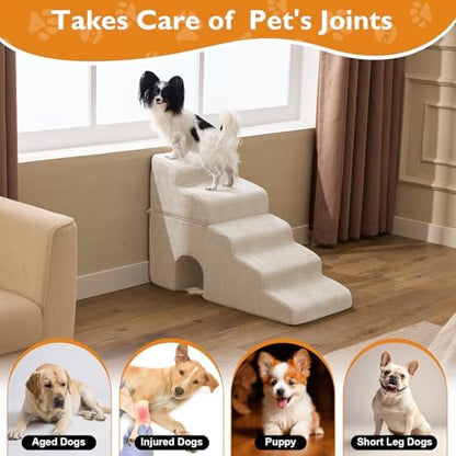 Ahpmeoa Dog Stairs for Bed 23'' H, 5-Step Dog Steps for High Bed, Beige - Image 5