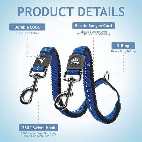 Kruz Double Dog Leash for Two Dogs (Width - ¾”, Length 17”-34”) Dual Leash Coupler with Tangle-Free Swivel, Shock-Absorbing Reflective Bungee for Comfortable Walking & Training (Blue, Medium) - Image 2