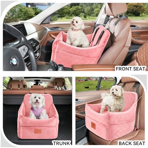 Dog Car Seat for Small/Medium Dogs, Dog Booster Car Seats with Thick Cushion for Dogs Under 35lbs, Detachable Washable Pet Bed with Storage Pockets, 2 Safety Belts (Pink) - Image 2