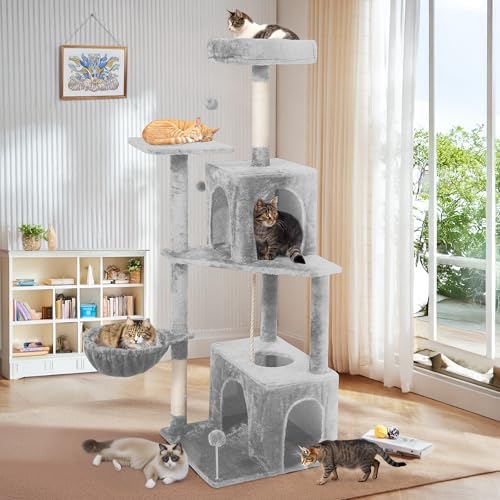 54 Inch Multi-Level Cat Tree Tower with Hammock, Condos & Scratching Posts, Large Cat Furniture for Indoor Cats with Pompoms, Light Grey - Image 7