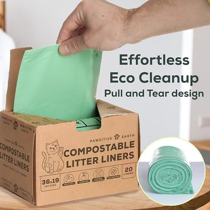 Cat Litter Box Liners 100% Compostable - Drawstring Close - 20 Count - Jumbo Size 36" x 19" - Tear & Leak Resistant - OK Compost Home Certified - Image 2