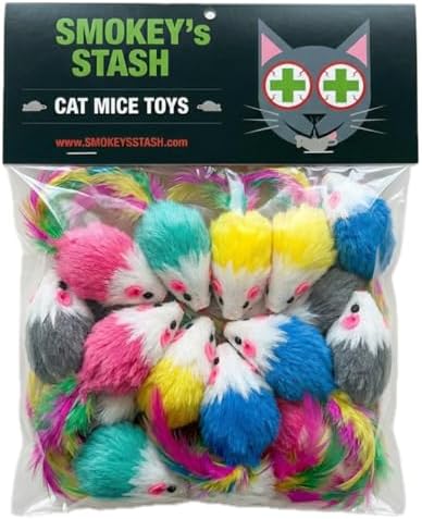 Smokey's Stash Faux Fur Cat Mice Toys (12-Pack) – Infused with Catnip, Colorful Feather Tails & Rattle Sounds – Interactive Hunting Exercise for Indoor Cats & Kittens by Smokeysstash