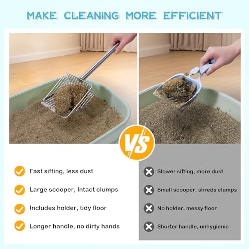 PETOCAT Metal Cat Litter Scoop with Holder Stainless Steel Kitten Poop Scooper, 17.5" Heavy Duty Pet Poop Sifter for Cat Box, Long Handle Large Waste Shovel, Fast Sifting Big Clumps, Solid & Durable - Image 2