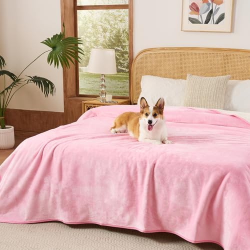Sunheir Waterproof Blanket for King Size Bed - 108"x86" Soft Reversible Sherpa Fleece Flannel Dog Blankets for Large Dogs, Pet Blanket for Bed, Couch, Soft Plush Furniture Protector, Pink by SUNHEIR