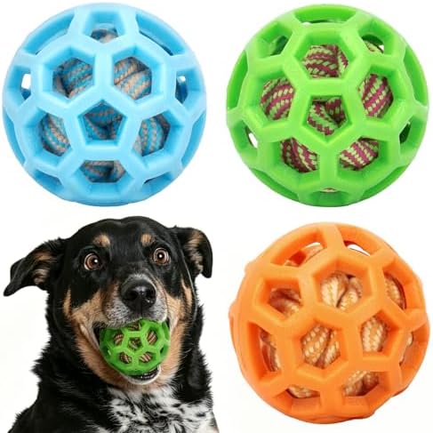 HGB 3.2" Dog Toy Ball for Aggressive Chewer, Tough Rubber, Cotton Rope Ball by HGB