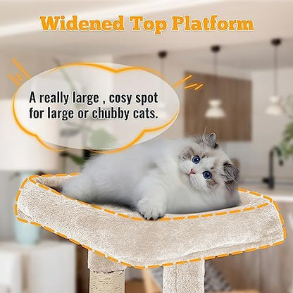 FDW 37.8 inch Cat Tree Cat Tower for Indoor Cats with Scratching Posts,Multi-Level Cat Furniture Activity Center Stand House Cat Condo Modern Cat Tower with Hanging Cradle & Funny Toy,Beige - Image 2