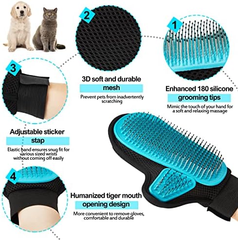 2025 Pet Grooming Glove with Tipped Pin Brush,Special Design Deshedding Glove, Perfect Petting Tool for Sensitive Dogs & Cats with Long & Medium Fur, Massage Mitt - Right-Hand - Blue - Image 2