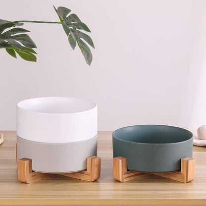 Green Ceramic Dog Bowls With Wood Stand, Water and Food Dish, Heavy Weighted No Tip Over Comfort Bowls, Stoneware Pet Bowl, Extra High Capacity 8.4" Diameter for Large Dogs