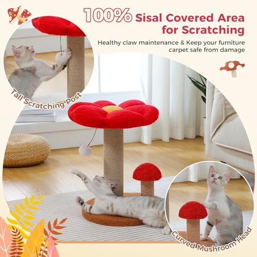 PETEPELA Mushroom Cat Scratcher with Flower Bed, Post for Kittens, Brown - Image 2