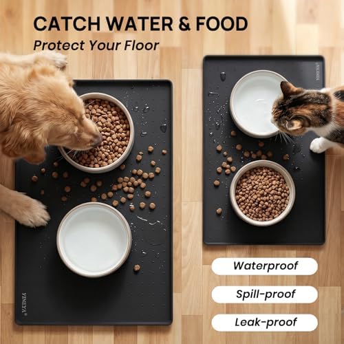 YINEYA 18" x 12" Silicone Cat Food Mat Waterproof, 0.2" Raised Edge(Black) - Image 3