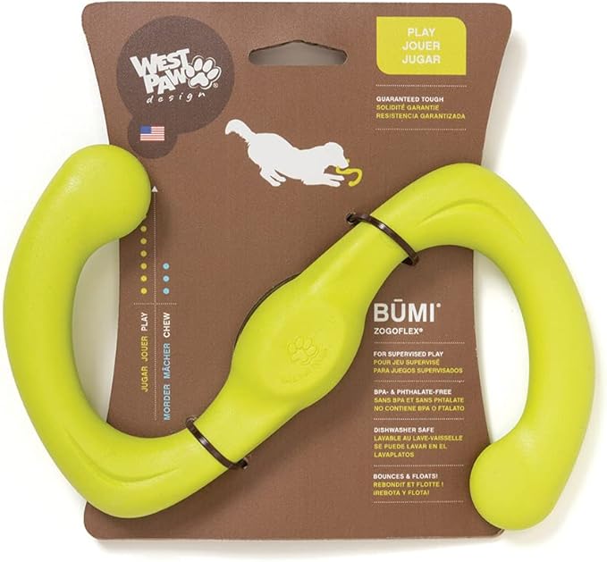 West Paw Zogoflex Bumi Dog Tug Toy – S-Shaped, Lightweight Chew Toys for Fetch, Play, Pet Exercise – Tug of War Soft Flinging Squishy Chewy Toy for Dogs – Guaranteed, Latex-Free, Small, Granny Smith